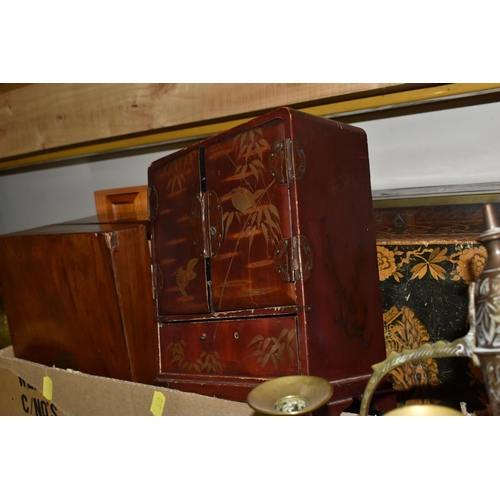 348 - THREE BOXES OF METALWARE AND SUNDRIES, to include a mahogany writing box, oak sewing box, a Japanned... 