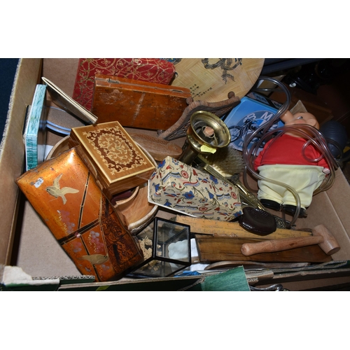 348 - THREE BOXES OF METALWARE AND SUNDRIES, to include a mahogany writing box, oak sewing box, a Japanned... 