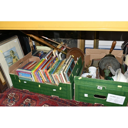 351 - THREE BOXES OF BOOKS, METALWARE AND FRAMED PICTURES, to include a 'Zabkowice Pollen' emerald green p... 