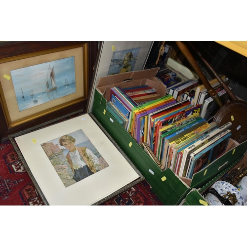 351 - THREE BOXES OF BOOKS, METALWARE AND FRAMED PICTURES, to include a 'Zabkowice Pollen' emerald green p... 