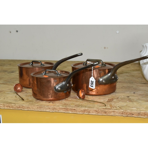 353 - THREE GRADUATING FRENCH COPPER SAUCEPANS, with lids, all stamped 'Made in France', diameters 18cm, 1... 