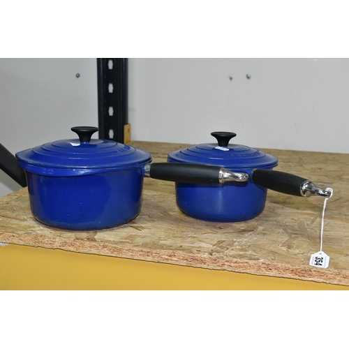 354 - TWO LE CREUSET SAUCEPANS, in mid blue with precision pour lips, diameters 20cm and 18cm (2) (Conditi... 