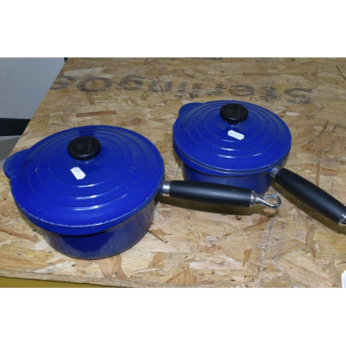 354 - TWO LE CREUSET SAUCEPANS, in mid blue with precision pour lips, diameters 20cm and 18cm (2) (Conditi... 