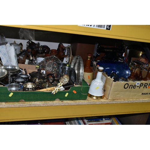 359 - THREE BOXES AND LOOSE CERAMICS, GLASS, METAL WARES, SEWING MACHINE AND SUNDRY ITEMS, to including a ... 