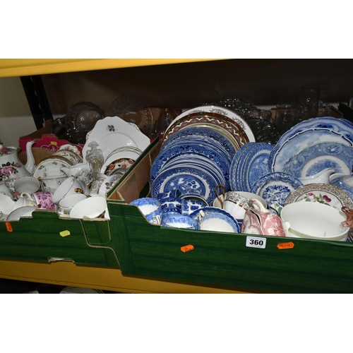 360 - FOUR BOXES OF CERAMICS AND GLASS WARES, to include a uranium glass fruit bowl, a pair of pale pink g... 