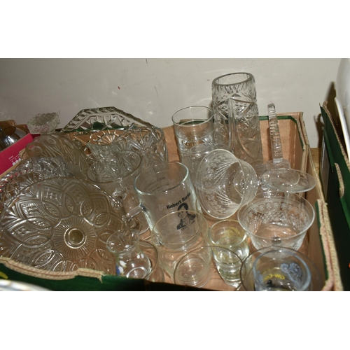 360 - FOUR BOXES OF CERAMICS AND GLASS WARES, to include a uranium glass fruit bowl, a pair of pale pink g... 