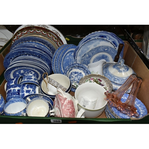 360 - FOUR BOXES OF CERAMICS AND GLASS WARES, to include a uranium glass fruit bowl, a pair of pale pink g... 