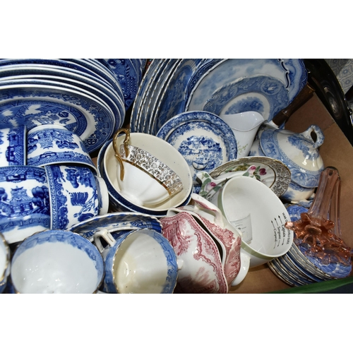 360 - FOUR BOXES OF CERAMICS AND GLASS WARES, to include a uranium glass fruit bowl, a pair of pale pink g... 