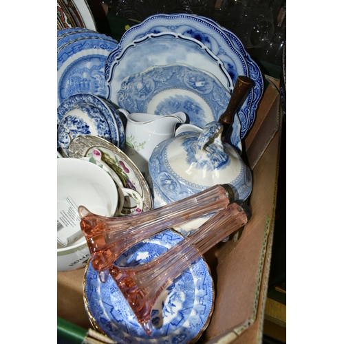 360 - FOUR BOXES OF CERAMICS AND GLASS WARES, to include a uranium glass fruit bowl, a pair of pale pink g... 