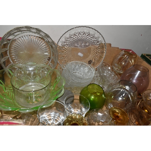 360 - FOUR BOXES OF CERAMICS AND GLASS WARES, to include a uranium glass fruit bowl, a pair of pale pink g... 