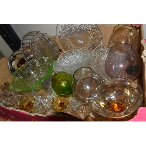 360 - FOUR BOXES OF CERAMICS AND GLASS WARES, to include a uranium glass fruit bowl, a pair of pale pink g... 