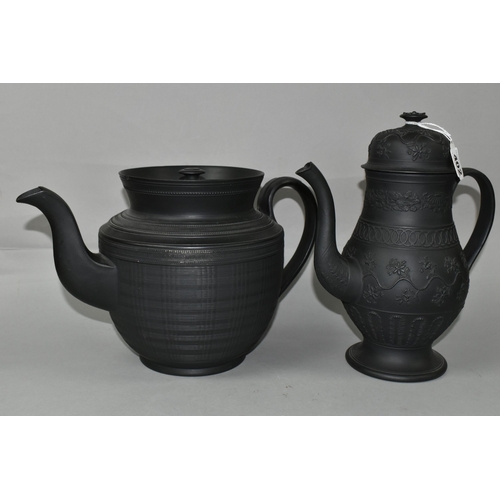 402 - A LARGE BLACK BASALT TEAPOT AND COFFEE POT, no backstamp, possibly Wedgwood, the coffee pot decorate... 