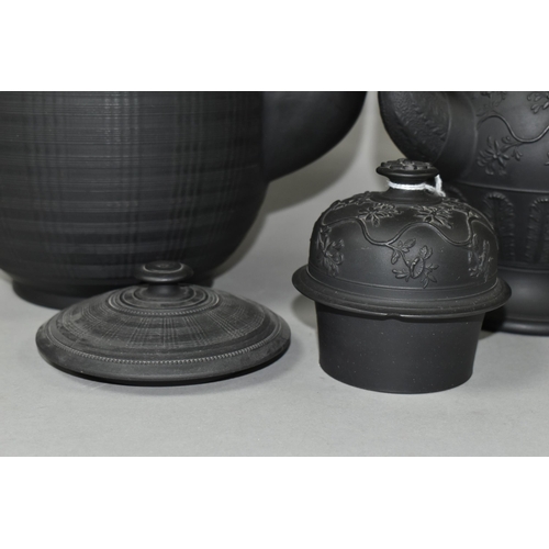 402 - A LARGE BLACK BASALT TEAPOT AND COFFEE POT, no backstamp, possibly Wedgwood, the coffee pot decorate... 