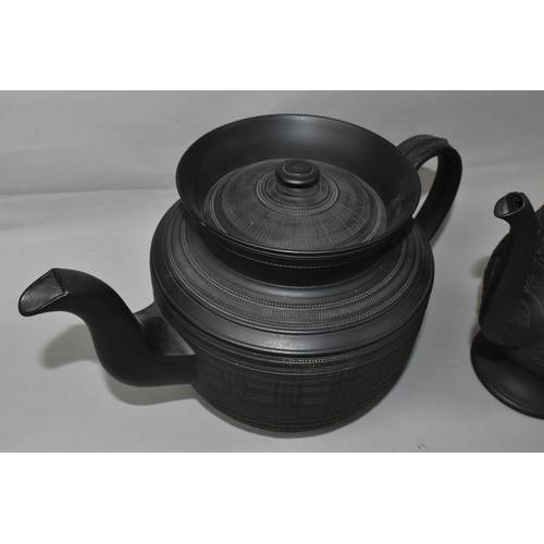 402 - A LARGE BLACK BASALT TEAPOT AND COFFEE POT, no backstamp, possibly Wedgwood, the coffee pot decorate... 