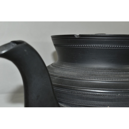 402 - A LARGE BLACK BASALT TEAPOT AND COFFEE POT, no backstamp, possibly Wedgwood, the coffee pot decorate... 