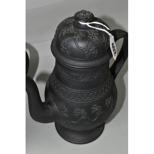 402 - A LARGE BLACK BASALT TEAPOT AND COFFEE POT, no backstamp, possibly Wedgwood, the coffee pot decorate... 