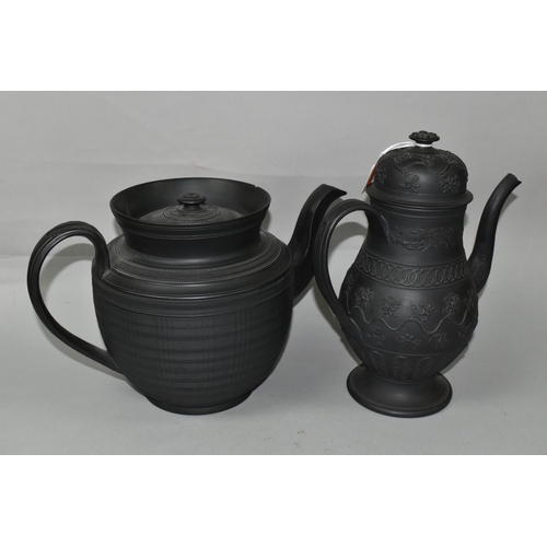 402 - A LARGE BLACK BASALT TEAPOT AND COFFEE POT, no backstamp, possibly Wedgwood, the coffee pot decorate... 