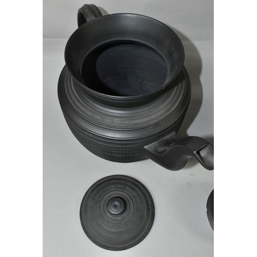 402 - A LARGE BLACK BASALT TEAPOT AND COFFEE POT, no backstamp, possibly Wedgwood, the coffee pot decorate... 