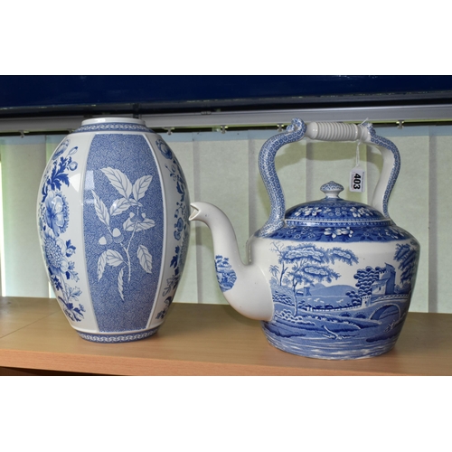 403 - A LARGE COPELAND 'SPODE'S TOWER' KETTLE AND A SPODE 'BRITISH FLOWERS' VASE, the latter a  limited ed... 