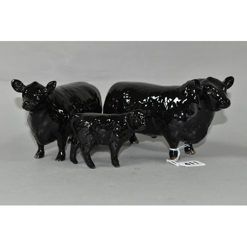 411 - THREE BESWICK FIGURES OF ABERDEEN ANGUS CATTLE, comprising Aberdeen Angus Bull model no 1562, Aberde... 