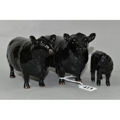 411 - THREE BESWICK FIGURES OF ABERDEEN ANGUS CATTLE, comprising Aberdeen Angus Bull model no 1562, Aberde... 