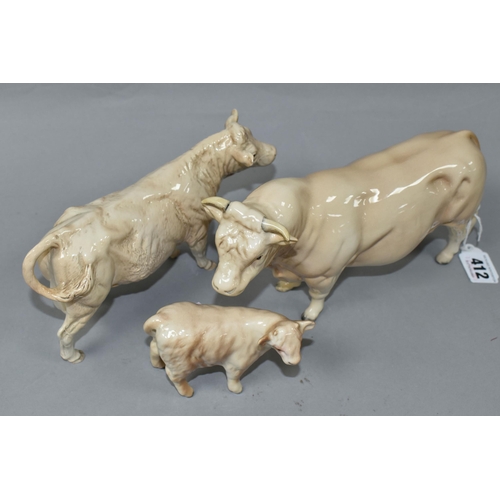 412 - THREE BESWICK FIGURES OF CHAROLAIS CATTLE, comprising Charolais Bull model no 2463A, Charolais Cow n... 