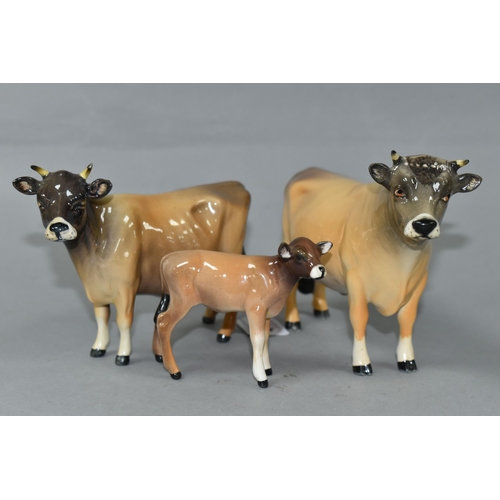 414 - THREE BESWICK FIGURES OF JERSEY CATTLE, comprising Jersey Bull model no 1422, Jersey Cow no 1345, an... 