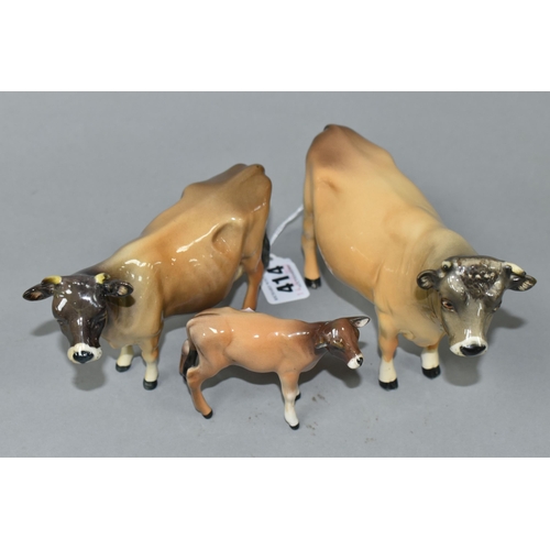 414 - THREE BESWICK FIGURES OF JERSEY CATTLE, comprising Jersey Bull model no 1422, Jersey Cow no 1345, an... 