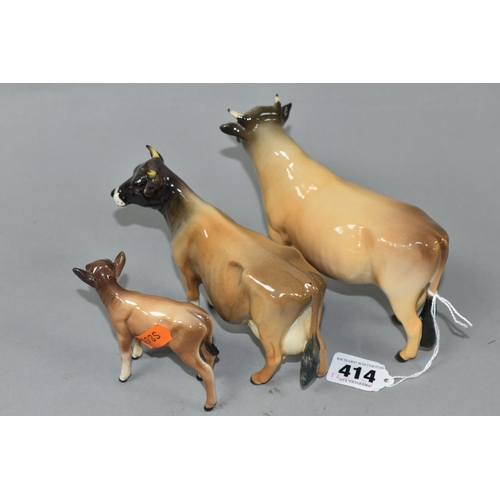 414 - THREE BESWICK FIGURES OF JERSEY CATTLE, comprising Jersey Bull model no 1422, Jersey Cow no 1345, an... 