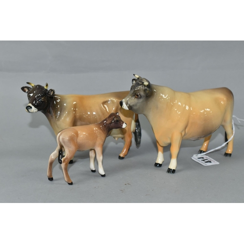 414 - THREE BESWICK FIGURES OF JERSEY CATTLE, comprising Jersey Bull model no 1422, Jersey Cow no 1345, an... 