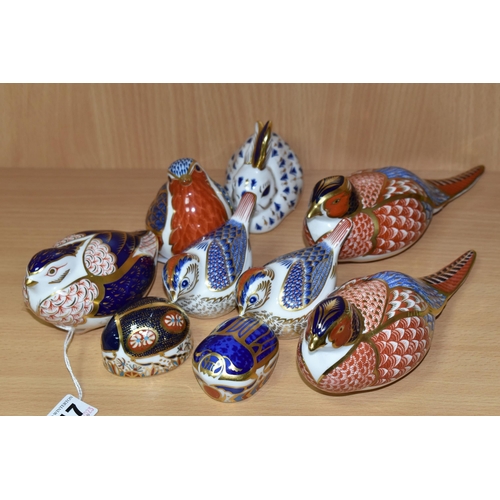 417 - NINE ROYAL CROWN DERBY PAPERWEIGHTS, comprising two Pheasants (one with silver stopper, the other mi... 