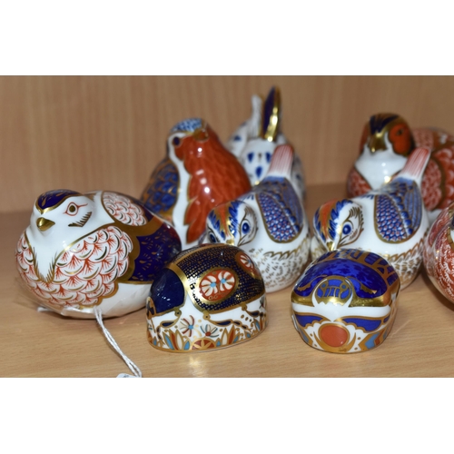 417 - NINE ROYAL CROWN DERBY PAPERWEIGHTS, comprising two Pheasants (one with silver stopper, the other mi... 