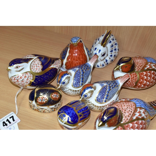 417 - NINE ROYAL CROWN DERBY PAPERWEIGHTS, comprising two Pheasants (one with silver stopper, the other mi... 