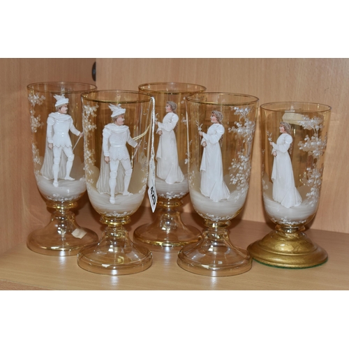 420 - FIVE MARY GREGORY GLASSES, of pedestal form, two painted with a male figure, three with a female fig... 