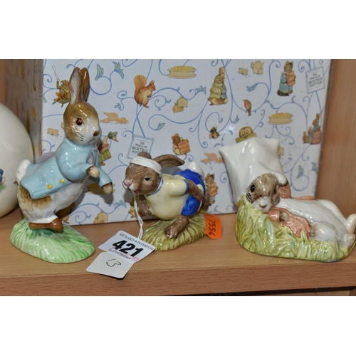 421 - A GROUP OF BEATRIX POTTER AND BUNNYKINS FIGURES AND ORNAMENTS, comprising a Beswick Peter Rabbit fig... 