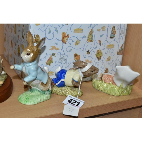 421 - A GROUP OF BEATRIX POTTER AND BUNNYKINS FIGURES AND ORNAMENTS, comprising a Beswick Peter Rabbit fig... 