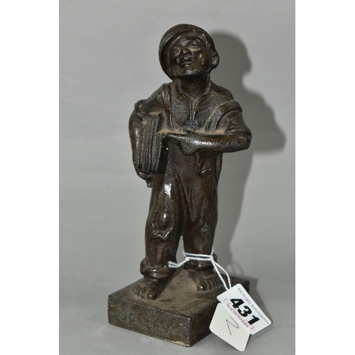 431 - A BRONZED CAST IRON QUALCAST ADVERTISING FIGURE OF A NEWS BOY, titled 'Speshul', impressed Qualcast ... 