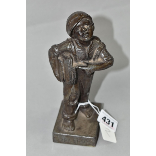 431 - A BRONZED CAST IRON QUALCAST ADVERTISING FIGURE OF A NEWS BOY, titled 'Speshul', impressed Qualcast ... 