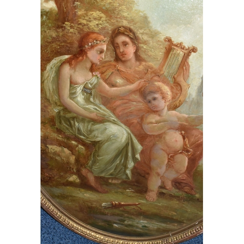 292 - A 19TH CENTURY ALLEGORICAL SCENE WITH CUPID AND FEMALE FIGURES, two female figures are seated in a r... 