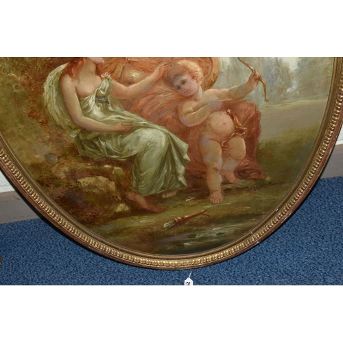 292 - A 19TH CENTURY ALLEGORICAL SCENE WITH CUPID AND FEMALE FIGURES, two female figures are seated in a r... 