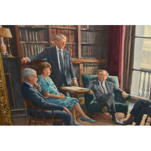 300 - JULIAN BARROW (1939-2013) 'A MEETING AT THE ATHENAEUM', an interior scene depicting figures having a... 