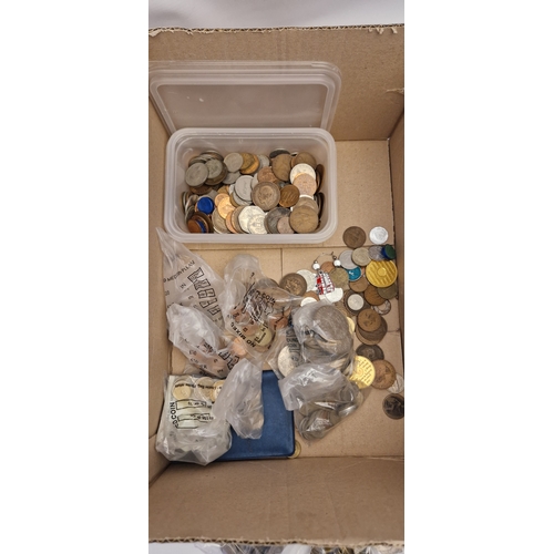 253 - A HEAVY BOX CONTAINING WORLD COINS AND BANKNOTES, to include mixed world coinage 11 x UK  £5 coins c... 