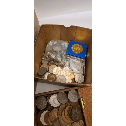 253 - A HEAVY BOX CONTAINING WORLD COINS AND BANKNOTES, to include mixed world coinage 11 x UK  £5 coins c... 