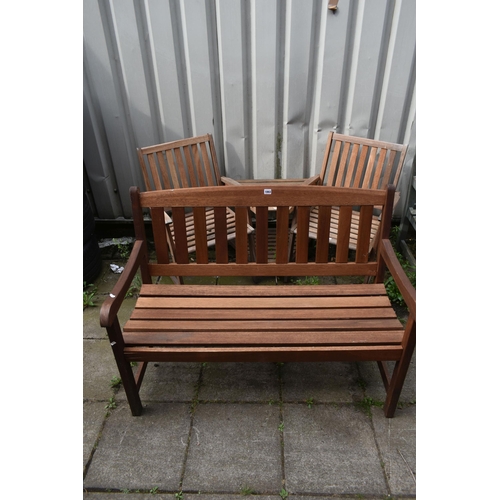 1003 - A STAINED TEAK SLATTED GARDEN BENCH, length 119cm, along with a two seater teak garden love seat/ben... 
