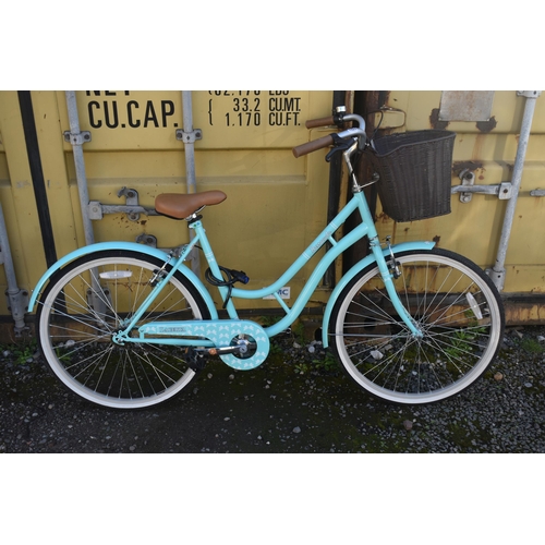 1024 - A TEAL BARRACUDA LACERTA HERITAGE SINGLE SPEED LADIES BYCICLE, with a wicker basket attached to the ... 