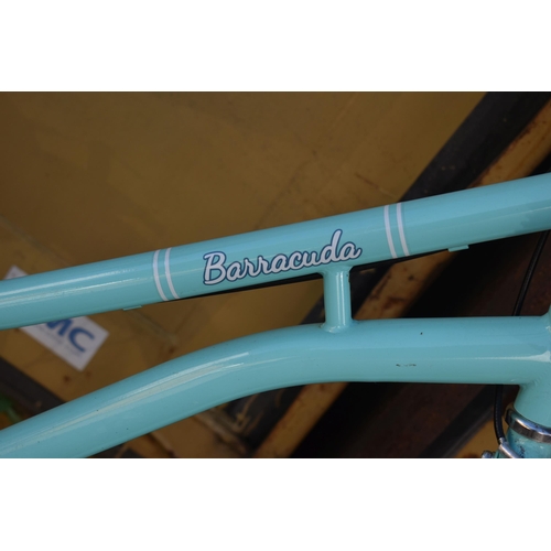 1024 - A TEAL BARRACUDA LACERTA HERITAGE SINGLE SPEED LADIES BYCICLE, with a wicker basket attached to the ... 