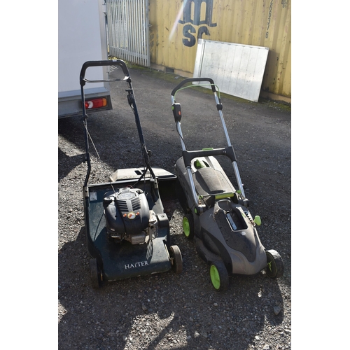 1025 - A G TECH CLM001 LAWNMOWER, with no battery, along with a Hayter Harrier 56 petrol lawnmower with gra... 