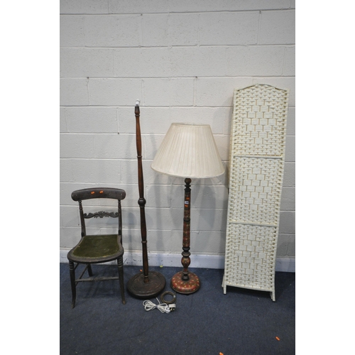 1300 - AN ORIENTAL STANDARD LAMP, with shade, a mahogany standard lamp, a sixfold floor screen, an early 20... 