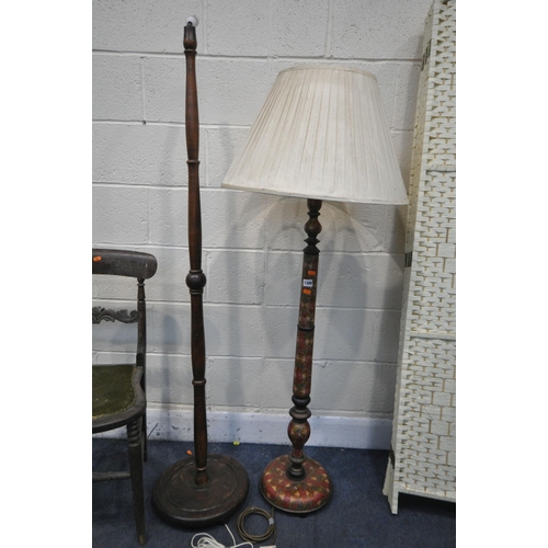 1300 - AN ORIENTAL STANDARD LAMP, with shade, a mahogany standard lamp, a sixfold floor screen, an early 20... 