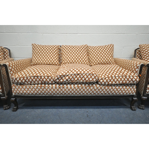 1316 - A LATE 19TH/EARLY 20TH CENTURY MAHOGANY THREE PIECE LOUNGE SUITE, with cross patterned fabric, on fr... 